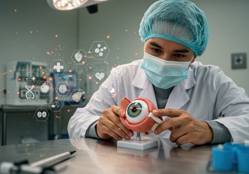 A doctor in a surgical mask examines an eye model, discussing eye health and vision.