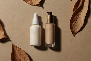 Two cosmetic bottles, a spray and a pump bottle, displayed on a beige surface with autumn leaves.