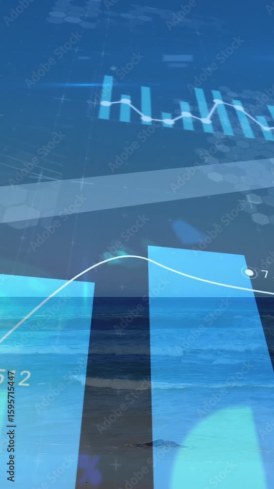 Poster visualizing financial data animation over serene ocean landscape with charts