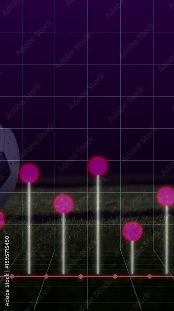 Aufkleber animation with soccer ball and data graph on glowing pink grid background