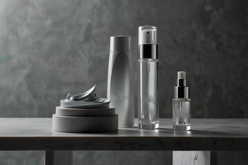 Elegant, modern cosmetic bottles and jars on a marble surface, against a textured gray background.