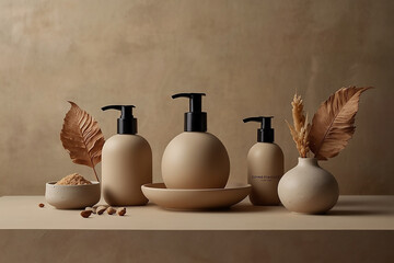 Elegant arrangement of beige skincare product bottles with decorative elements.