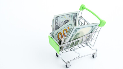 Shopping cart filled with cash, featuring various denominations of banknotes, symbolizing wealth,...