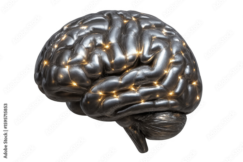 Poster metallic brain with glowing nodes representing neural activity, isolated on transparent background, 
