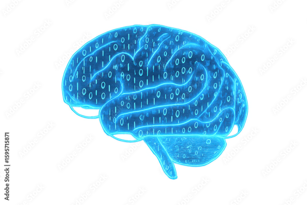 Poster binary code forming a three-dimensional, glowing blue brain, representing the concept of artificial 