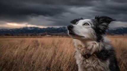 Fototapeta premium A border collie dog stares upward hopefully in a field with mountains and a stormy sky background scene.