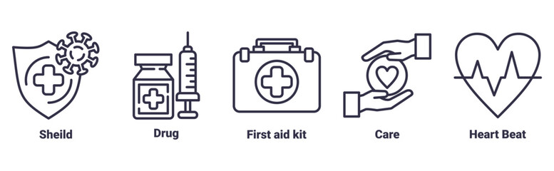 Fototapeta premium shield, drug, first aid kit, care, heart beat icon set illustration concept about Healthcare and Medical
