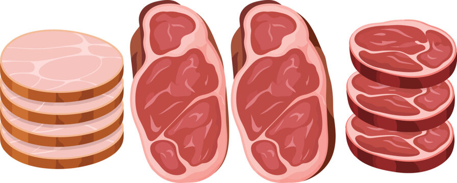 Sliced ham and steak meat vector illustration for butcher shop and food design with white background