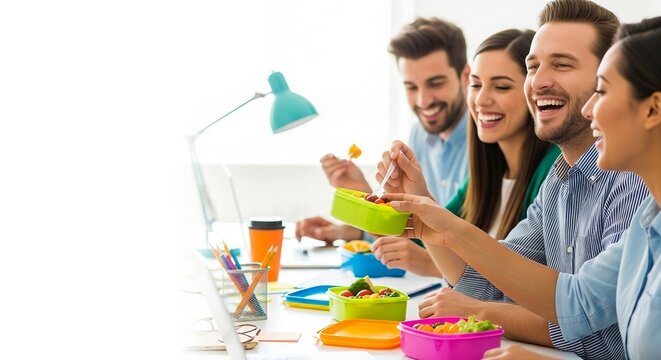 Happy diverse colleagues sharing healthy lunch and laughing during office break