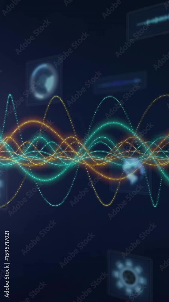 Poster animation of colorful waveforms and digital screens processing data on dark background