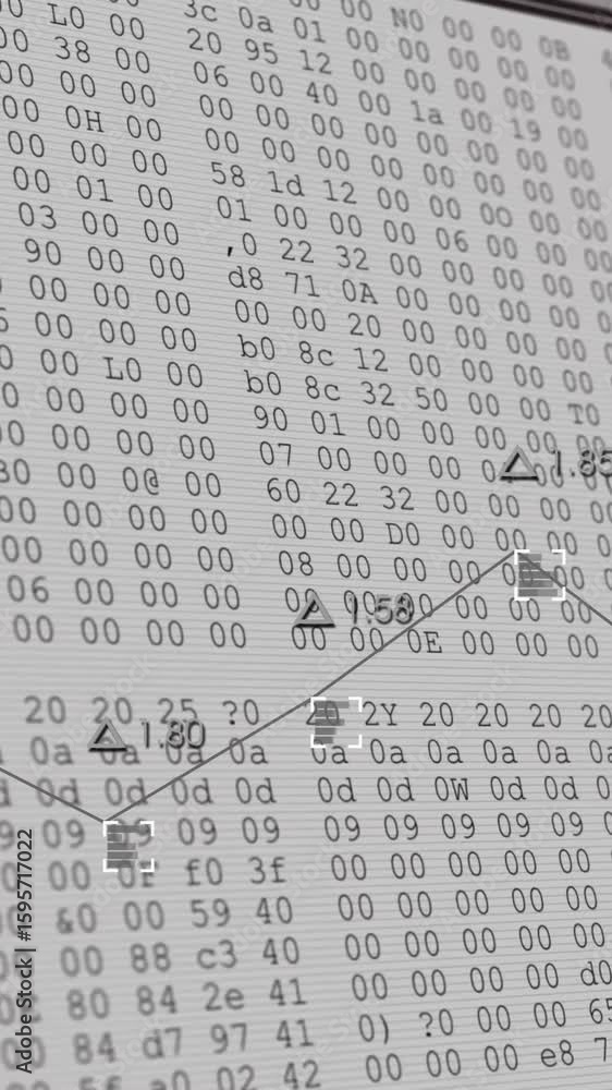 Poster financial analysis on computer screen with binary code and data chart animation