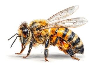 Honeybee detailed watercolor painting shows segmented body wings legs and antennae on a white background.