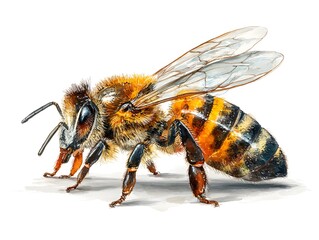 A detailed watercolor painting of a honeybee shows its intricate body structure and delicate transparent wings.