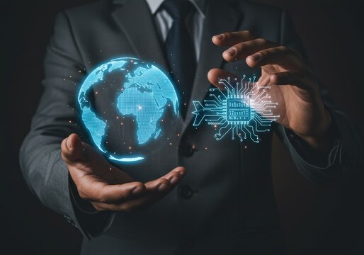 A businessman presents a digital globe and circuit board, illustrating technological advancement.