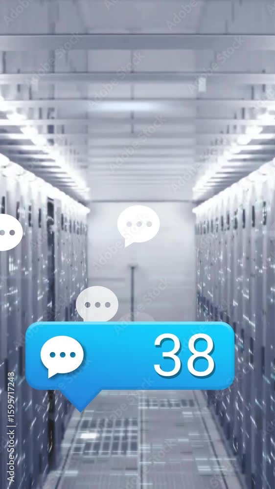 Poster animation of chat bubbles and number 43 floating over data servers in hallway