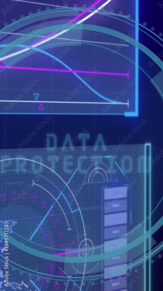 Poster data protection animation with digital interface showing graphs and world map