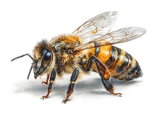 A detailed watercolor illustration depicts a honeybee with transparent wings on a white background image.