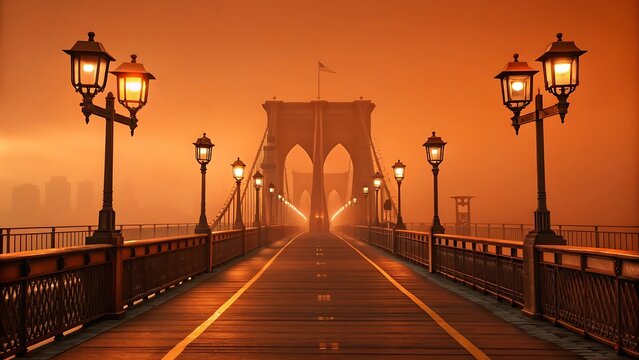 Fototapeta Brooklyn bridge illuminated by ornate lampposts in a fiery orange haze