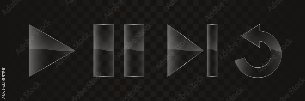 Poster button icons play, pause, repeat, previous, next in liquid glass style. a set of symbol for playback