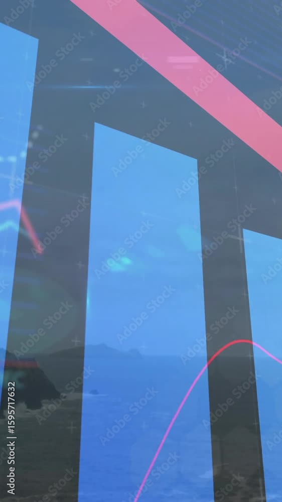 Poster bar graph and downward arrow animation over coastal landscape background