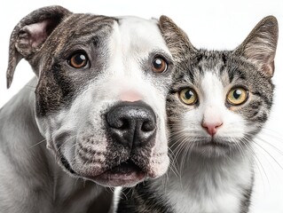 A friendly pit bull puppy and a striped tabby cat pose together closely in a bright studio portrait setting.