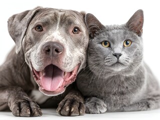 A friendly gray pitbull dog and a gray cat are posing together with a white background in close up view.