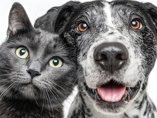 Close up portrait shows a friendly dog and gray cat together with white background sha a bond in studio.