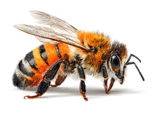 A detailed illustration of a honeybee shows its furry body, transparent wings, and delicate features clearly.