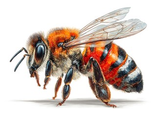 Detailed watercolor illustration of a honeybee with transparent wings isolated on a white background.