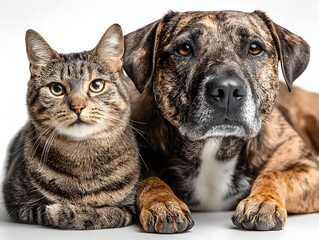 A brindle dog and tabby cat are posing together for a studio portrait on a white seamless background now.