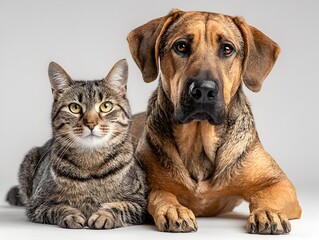 A tabby cat and a brown dog are posing together in a studio with a white background looking at the camera.