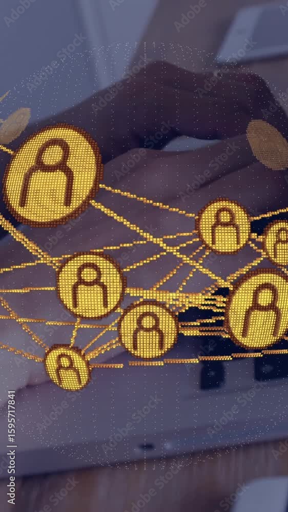 Poster network of connections and data processing animation over person using laptop