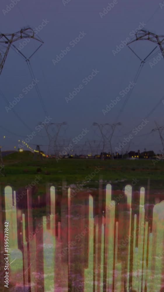 Poster power lines stretching across landscape with colorful data animation overlay