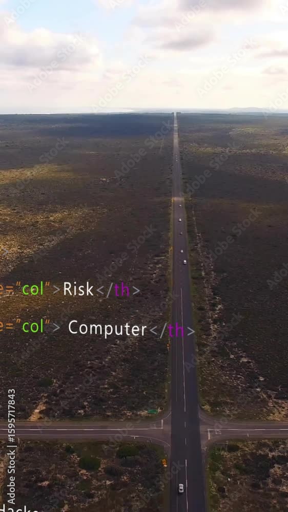 Poster creating animation, html code overlay on aerial road view through vast landscape