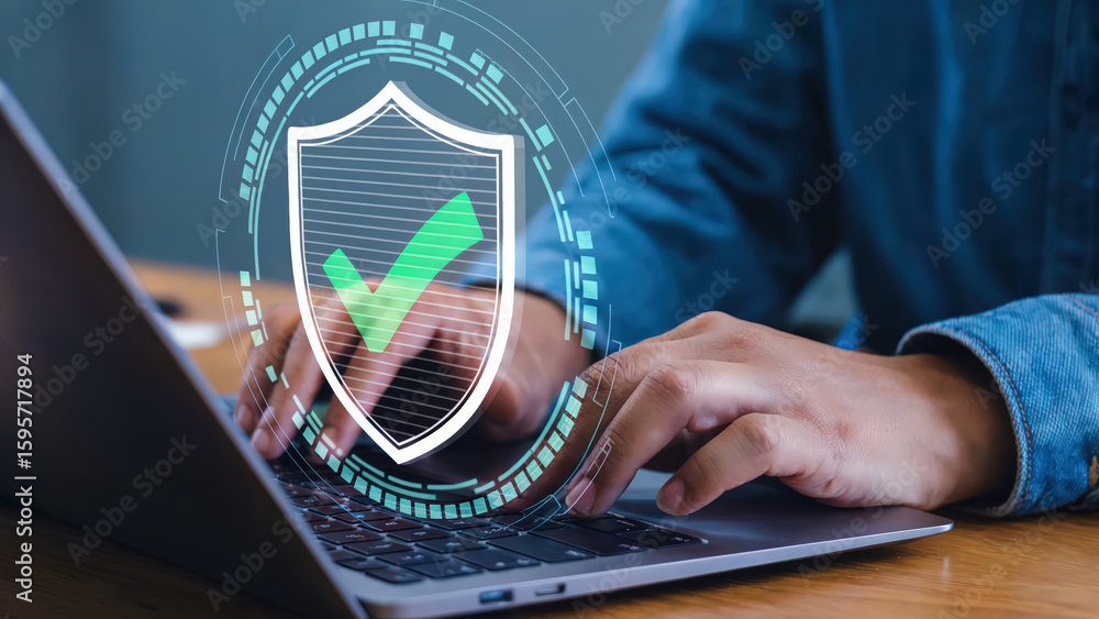 Poster online security concept showing a person using a laptop protected by digital security