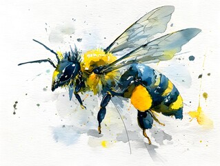 Watercolor artwork showing a bumblebee in flight with splatter and drip details on a white background.