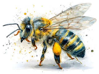Watercolor painting depicts a detailed bumblebee with pollen sacs on a white background with paint splatters.