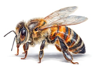 Detailed watercolor illustration of a honeybee with transparent wings on a white background is shown here.