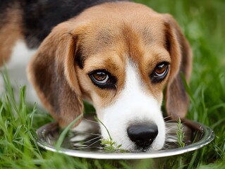 A brown and white beagle dog drinks water from a silver bowl while standing on green grass outdoors now.