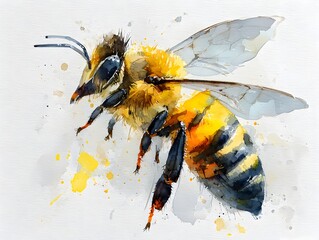 A beautiful watercolor painting depicts a detailed honeybee in flight against a clean white background artfully.