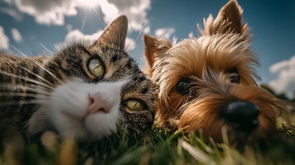 Close up shot of a cat and dog lying together on green grass under a bright blue sky with fluffy clouds.