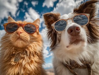 An orange cat and border collie dog wear sunglasses, looking cool together under a bright blue sky today