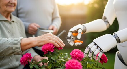 Senior couple and advanced robot collaborate gardening vibrant pink roses outdoors