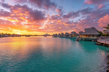 Tropical overwater bungalows at sunset.  Tranquil turquoise lagoon, vibrant sunset colors, thatched roofs, calm water reflecting sky