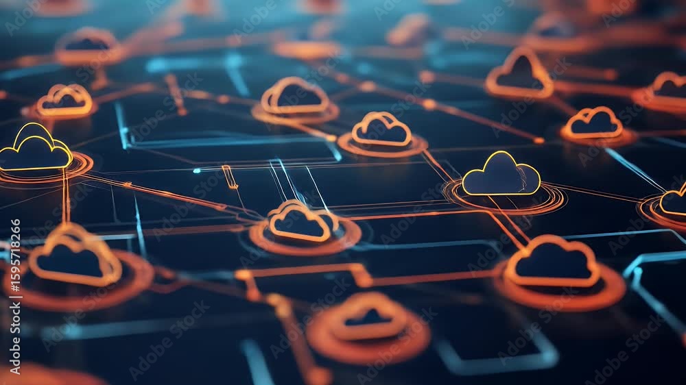 Poster abstract network design with illuminated orange cloud icons and lines on a dark background represent
