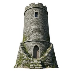 Photo of an ancient stone tower with mossy stairs and an arched doorway, isolated on white background