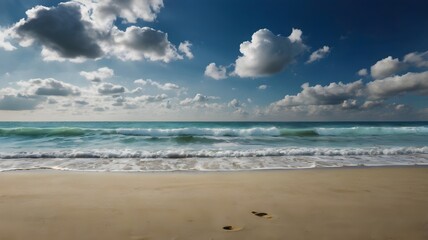 Obraz premium Sea and Beach Backdrop with Blank Space for Text — Minimal Coastal Background Featuring Soft Sand, Gentle Waves, and Clear Blue Sky Ideal for Summer Design Layouts