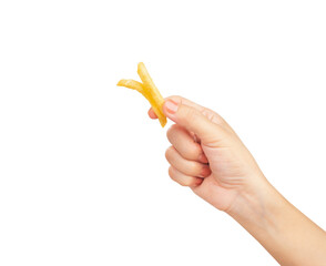Hand holding french fries isolated on white background.