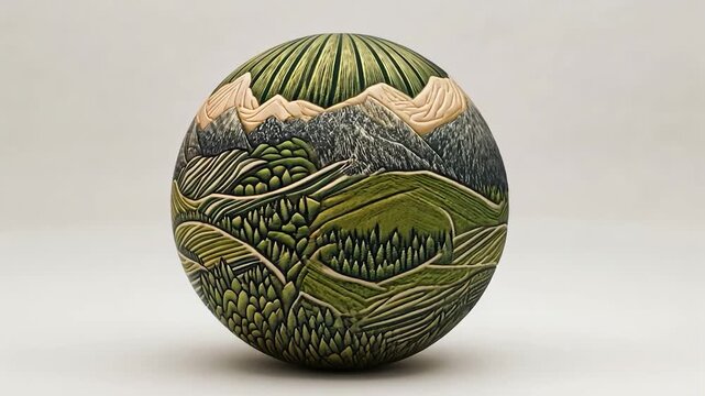 Hand-carved, ovular, decorative, landscape artwork