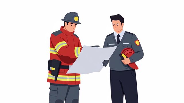Flat vector a firefighter and a police officer are standing together, discussing a plan, possibly for an emergency situation